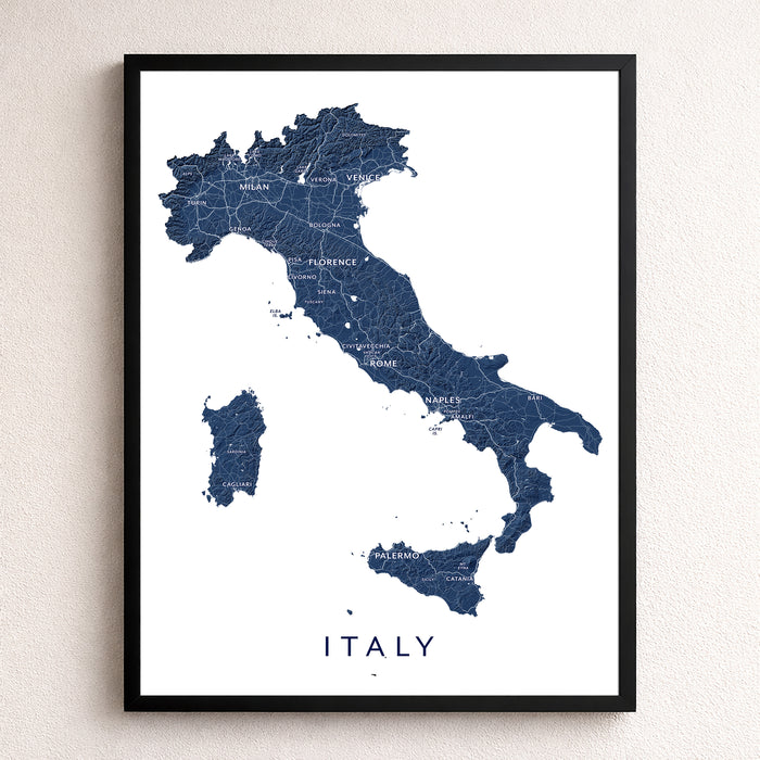 Framed map of Italy on a white wall