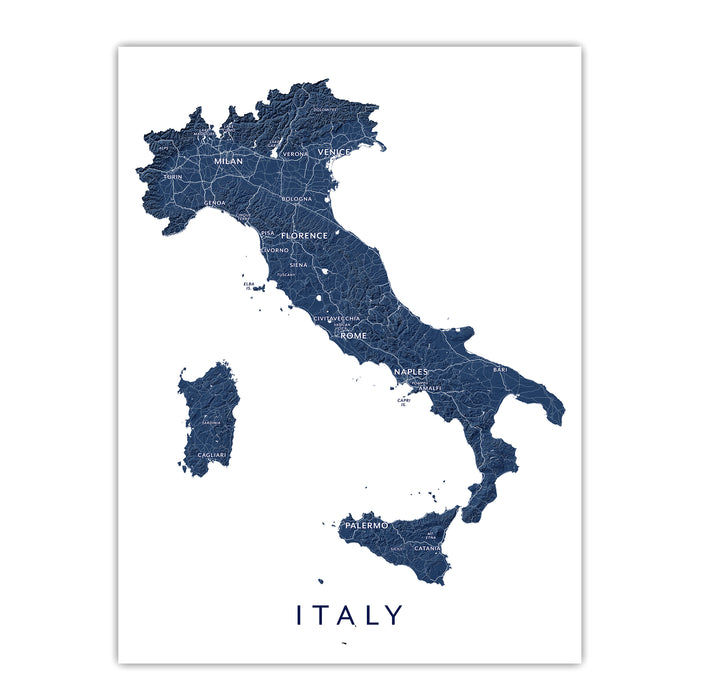Map of Italy with city names on a white background