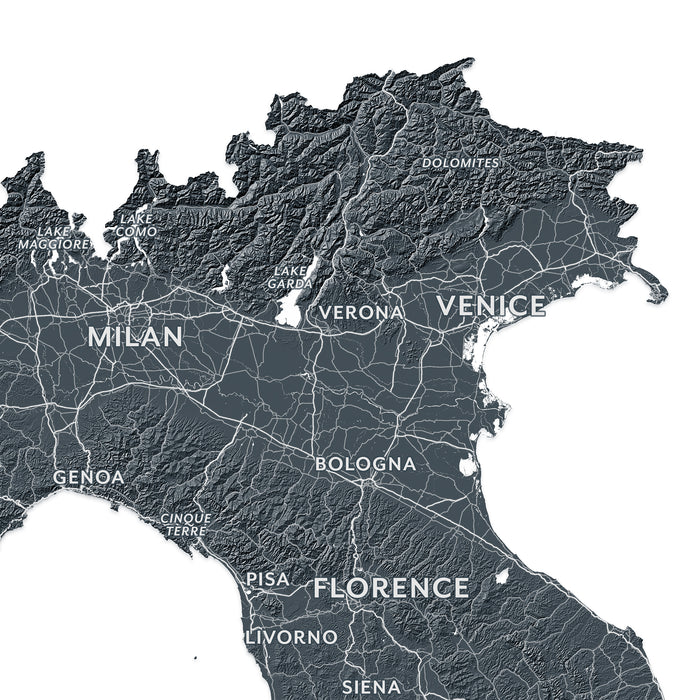 Map of Italy with major cities labeled on a white background