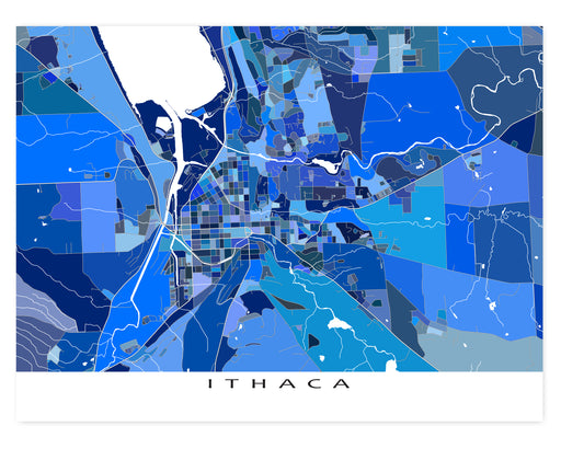 Ithaca, New York map art print in blue shapes designed by Maps As Art.