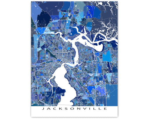 Jacksonville, Florida map art print in blue shapes designed by Maps As Art.