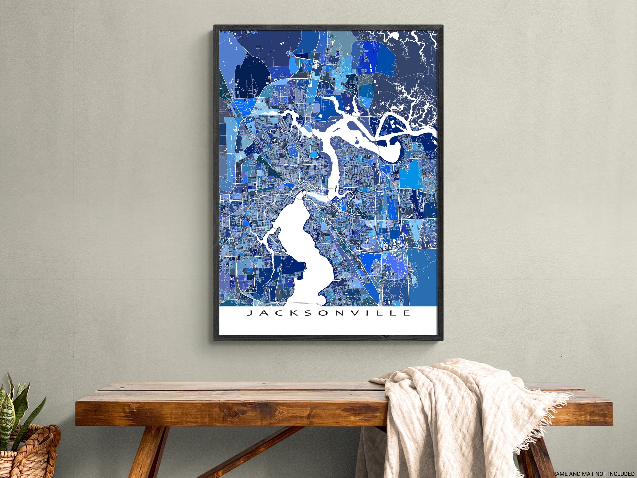 Jacksonville Map Print, Blue Geometric Florida City Street Wall Art Po ...