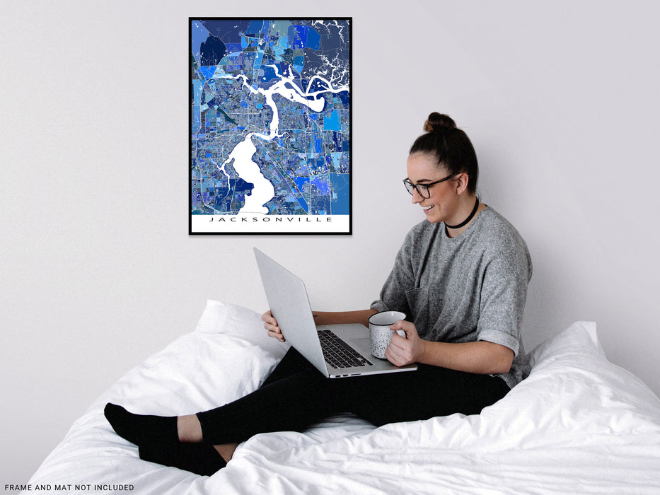 Jacksonville, Florida map art print in blue shapes designed by Maps As Art.