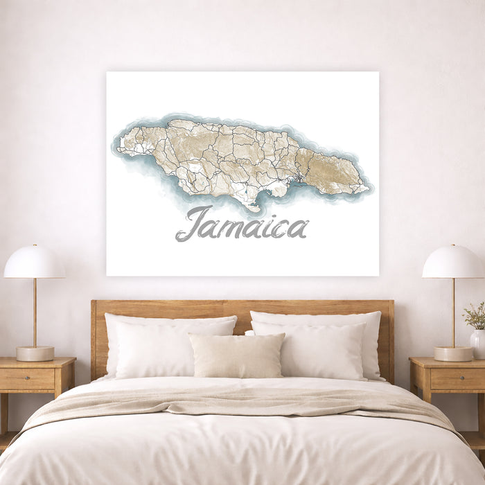 Map of Jamaica on a wall above a bed in a bedroom setting