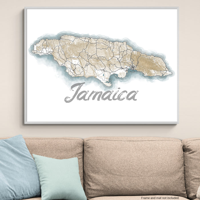 Framed map of Jamaica on a wall above a sofa