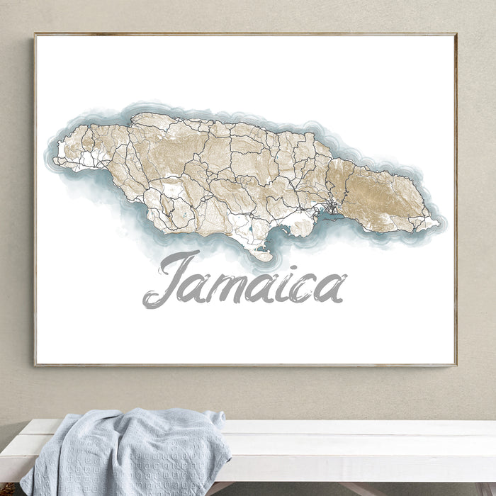 Framed map of Jamaica on a wall above a white bench.