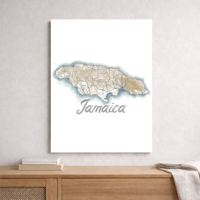 Map of Jamaica on a white wall above a wooden shelf.