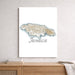 Map of Jamaica on a white wall above a wooden shelf.