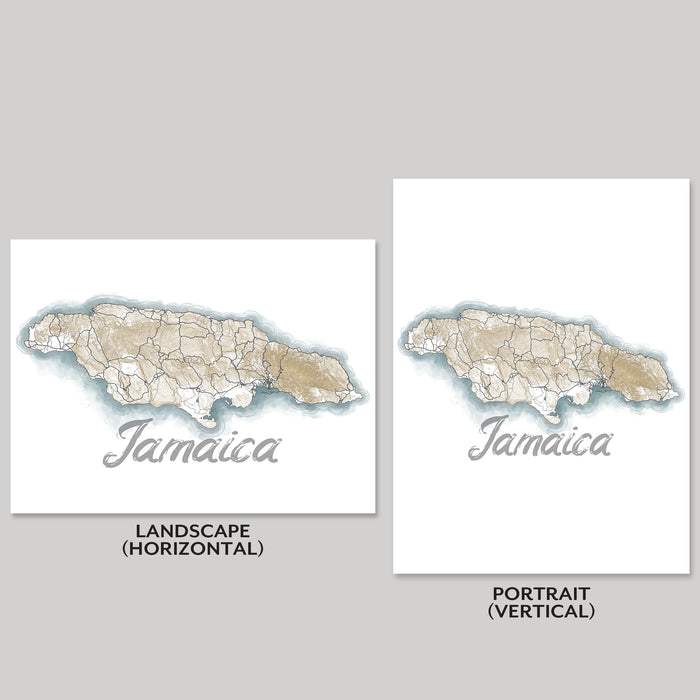 Two maps of Jamaica, one in landscape horizontal orientation and the other in portrait vertical orientation, on a gray background.
