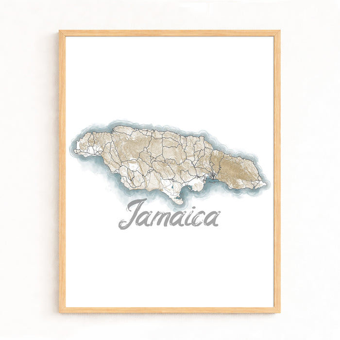 Framed map of Jamaica on a white background