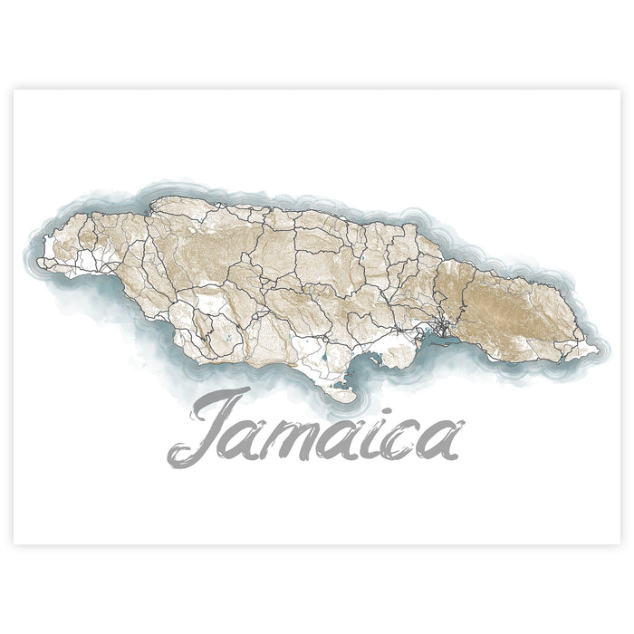 Map of Jamaica with a light brown color scheme on a white background