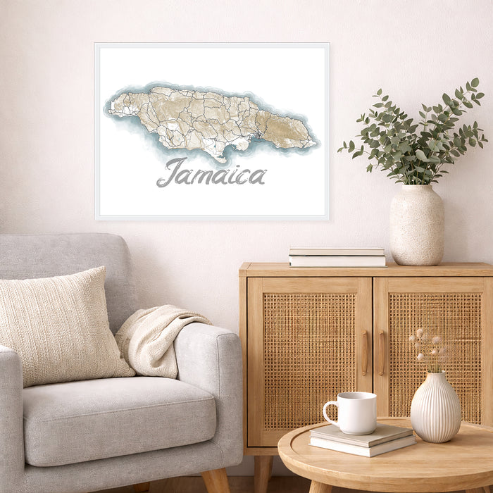 Living room with a map of Jamaica on the wall, a couch, and a side table with a vase and books.