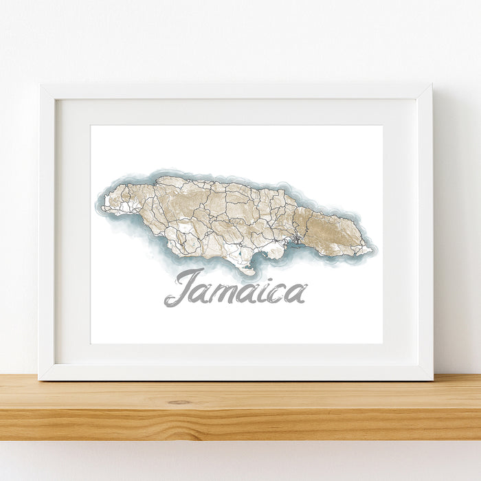 Framed map of Jamaica on a white wall