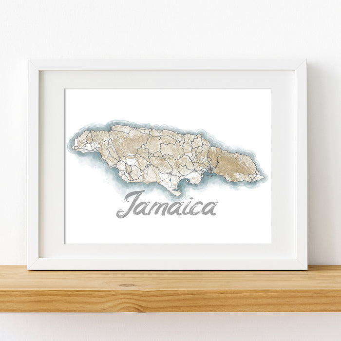 Framed map of Jamaica on a white wall