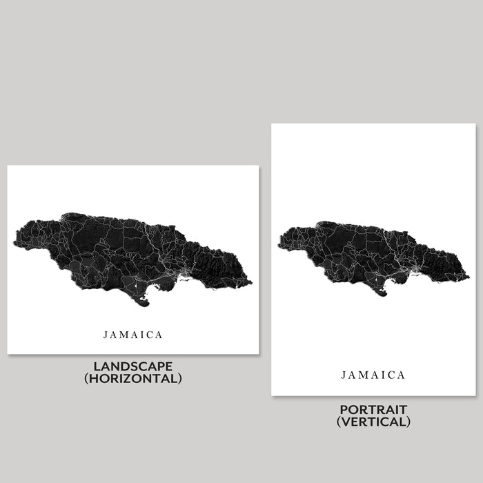 Two maps of Jamaica, one in landscape and one in portrait orientation, on a gray background.
