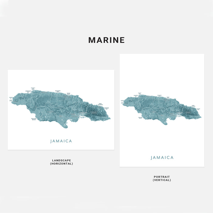 Two maps of Jamaica, one in landscape and one in portrait orientation, on a white background with 'Marine' text.