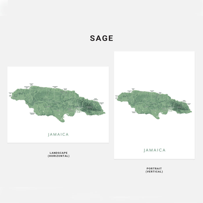 Two maps of Jamaica in green on a white background with 'SAGE' branding.