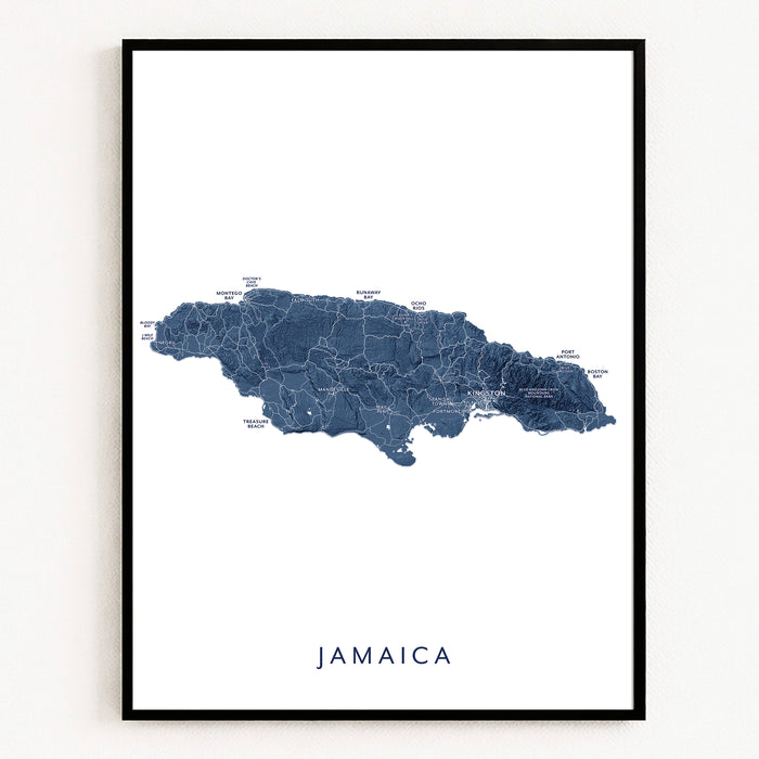 Map of Jamaica framed on a white wall