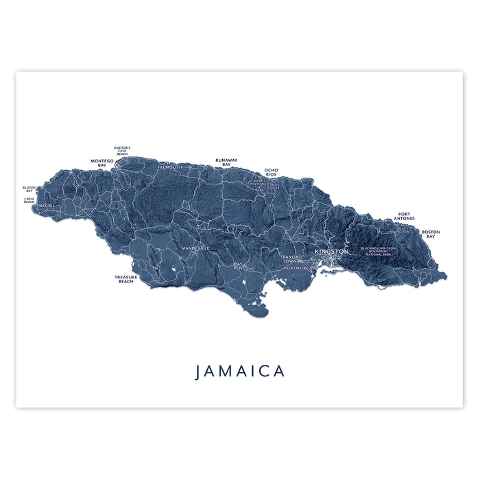 Map of Jamaica with cities labeled on a white background