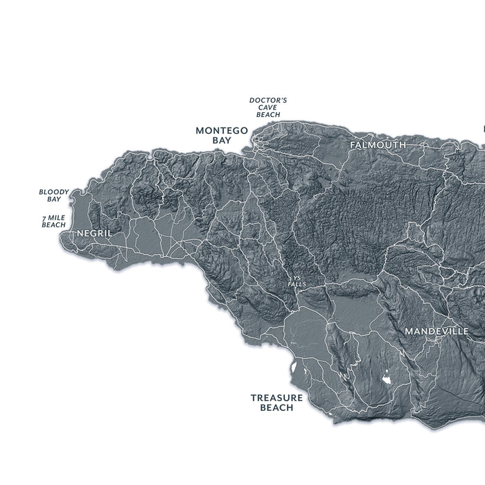 Topographic map of Jamaica with labeled cities on a white background