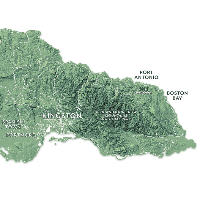 Topographic map of a region with labeled locations on a white background