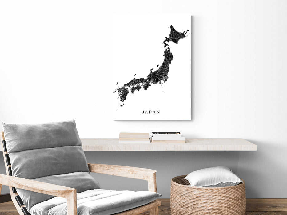 Japan country topographic black and white map print designed by Maps As Art.
