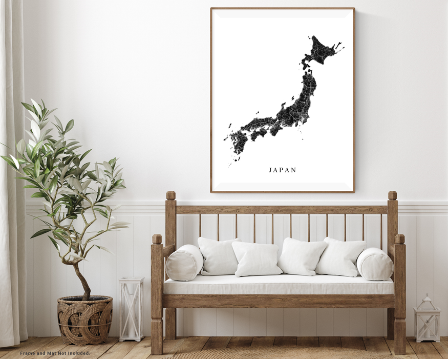 Japan country topographic black and white map print designed by Maps As Art.