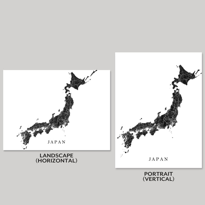 Two black and white maps of Japan, one landscape and one portrait, on a gray background.