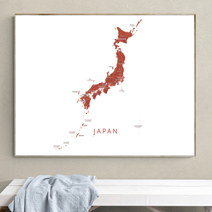 Japan Labeled Topographic Map Print: Japanese Islands Wall Art Poster