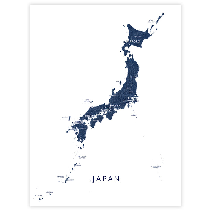 Japan Labeled Topographic Map Print: Japanese Islands Wall Art Poster