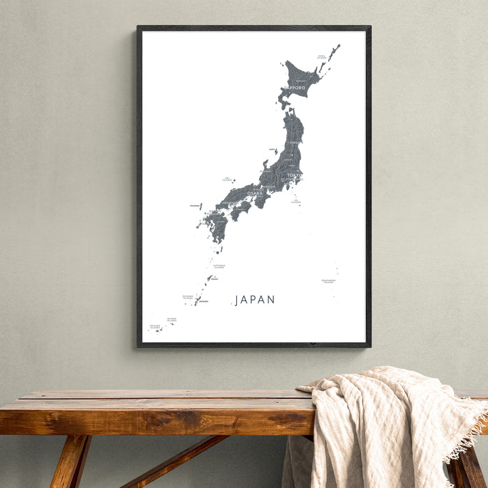 Japan Labeled Topographic Map Print: Japanese Islands Wall Art Poster