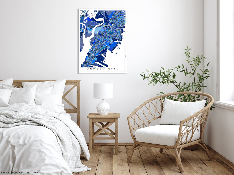 Jersey City, New Jersey map art print in blue shapes designed by Maps As Art.