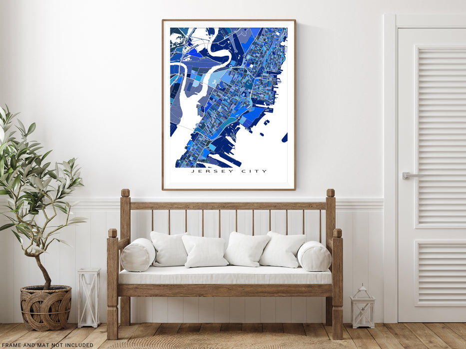 Jersey City, New Jersey map art print in blue shapes designed by Maps As Art.