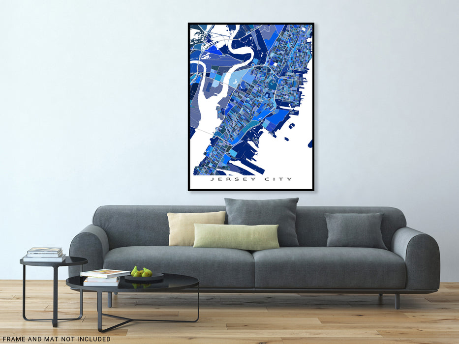 Jersey City, New Jersey map art print in blue shapes designed by Maps As Art.