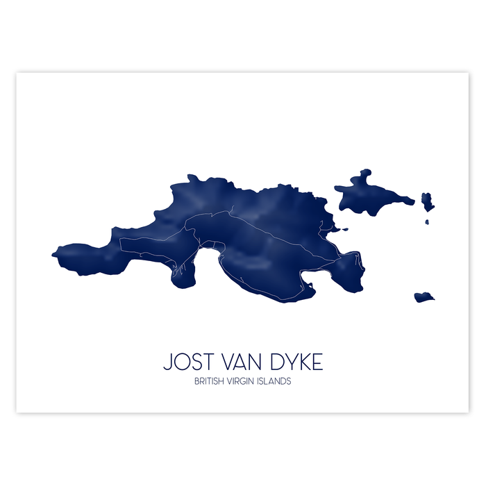Map of Jost Van Dyke, British Virgin Islands, in blue on a white background