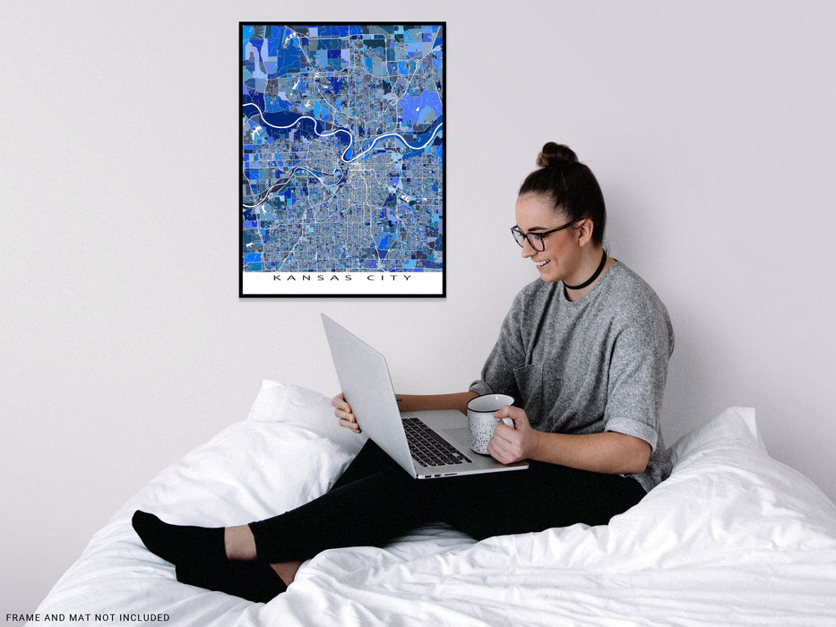 Kansas City, Kansas / Missouri map art print in blue shapes designed by Maps As Art.