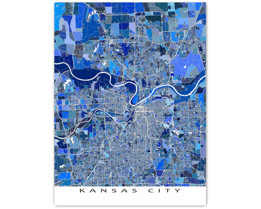 Kansas City, Kansas / Missouri map art print in blue shapes designed by Maps As Art.