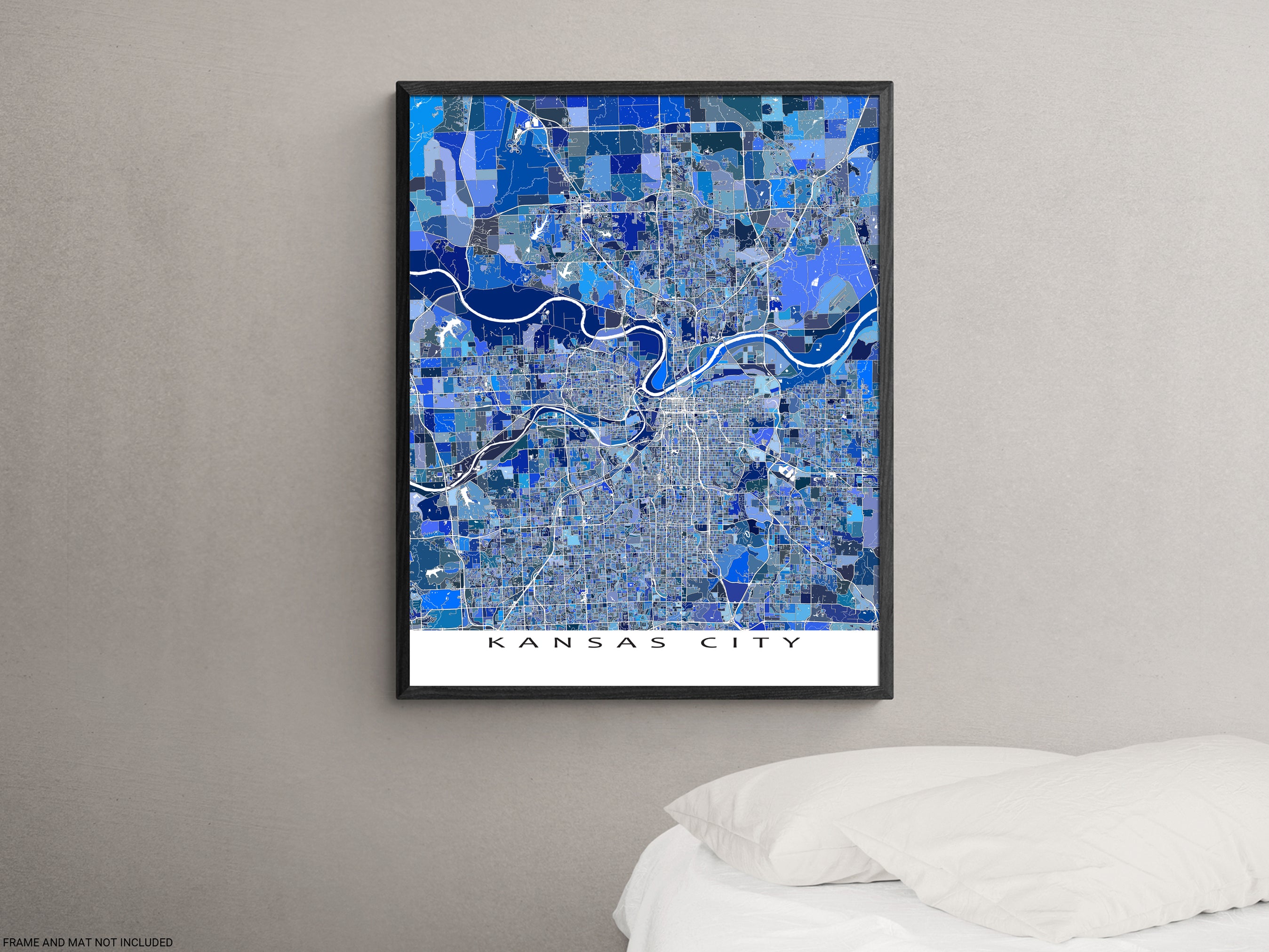Kansas City Map Wall Art Print Poster, Blue Geometric Kansas, Missouri ...
