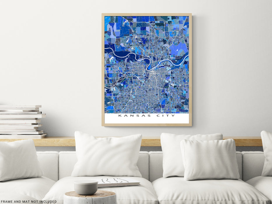 Kansas City, Kansas / Missouri map art print in blue shapes designed by Maps As Art.