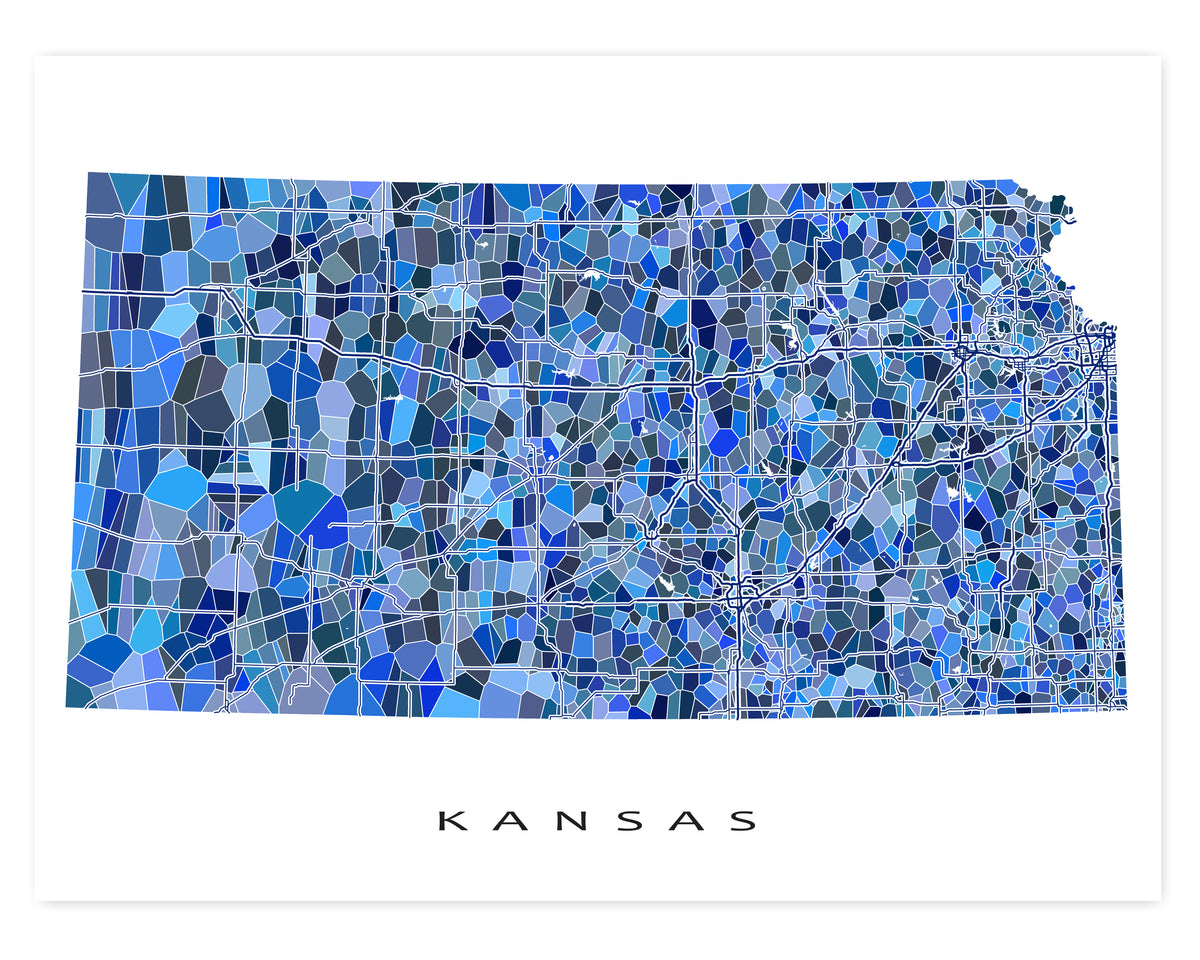 Kansas State Map Wall Art Print Poster with Blue Geometric Design ...
