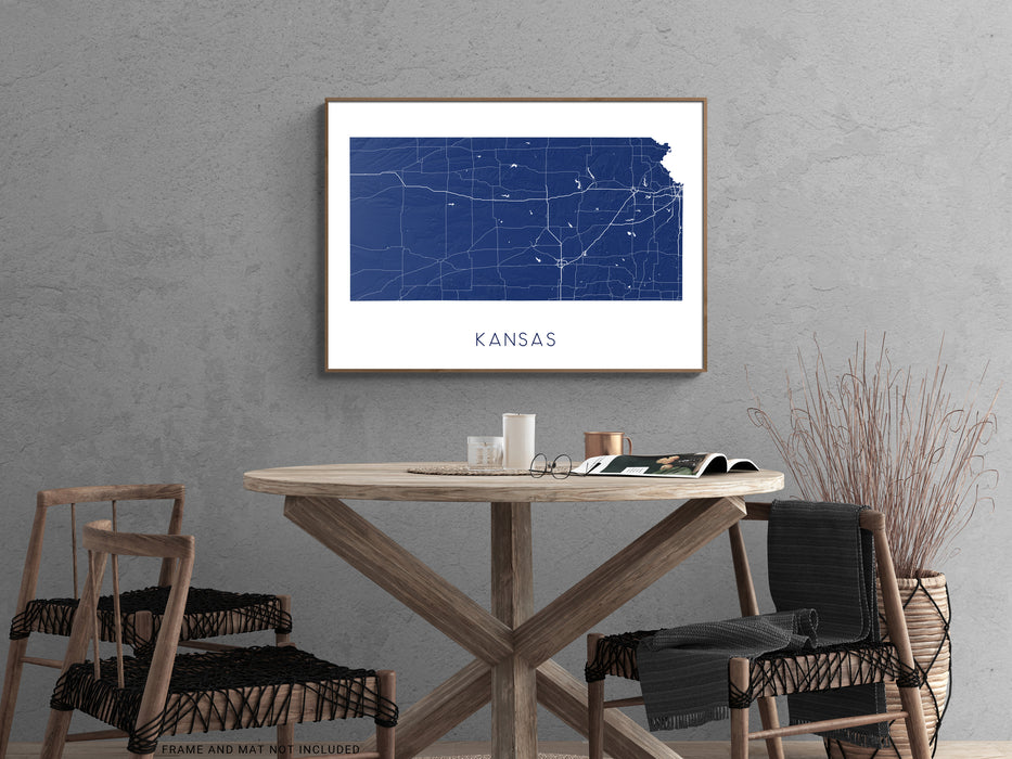 Kansas state map print with a 3D topographic landscape design by Maps As Art.