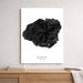 Black and white map of Kauai, Hawaii on a white wall above a wooden shelf.