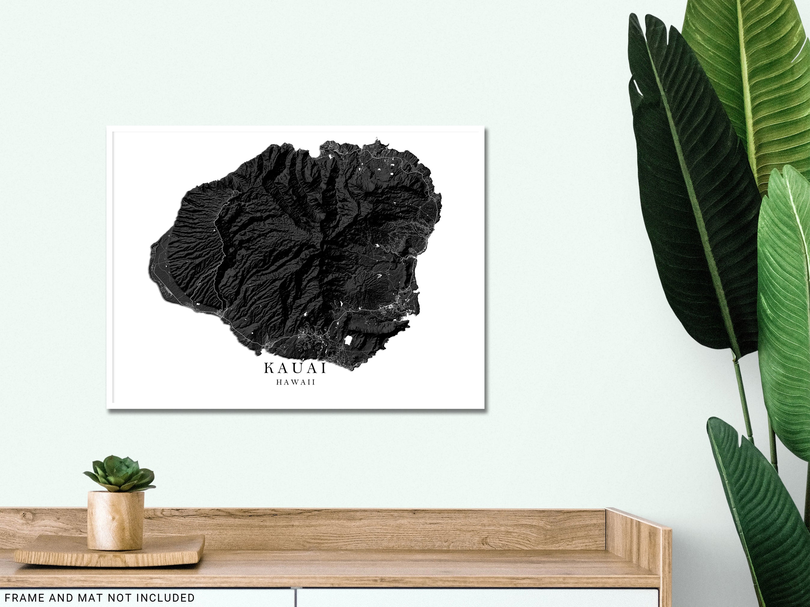 Kauai Hawaii Map Wall Art Print Poster, Black and White Topographic Ha ...
