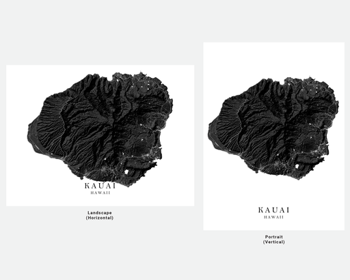 Kauai Hawaii map print with black and white 3D topographic island landscape features by Maps As Art.