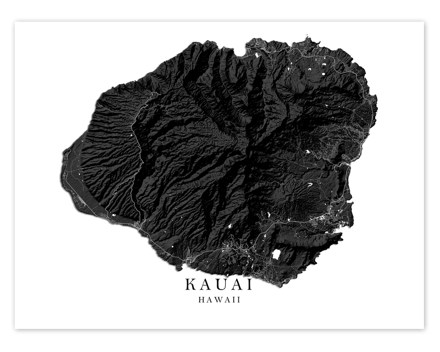 Kauai Hawaii map print with black and white 3D topographic island landscape features by Maps As Art.