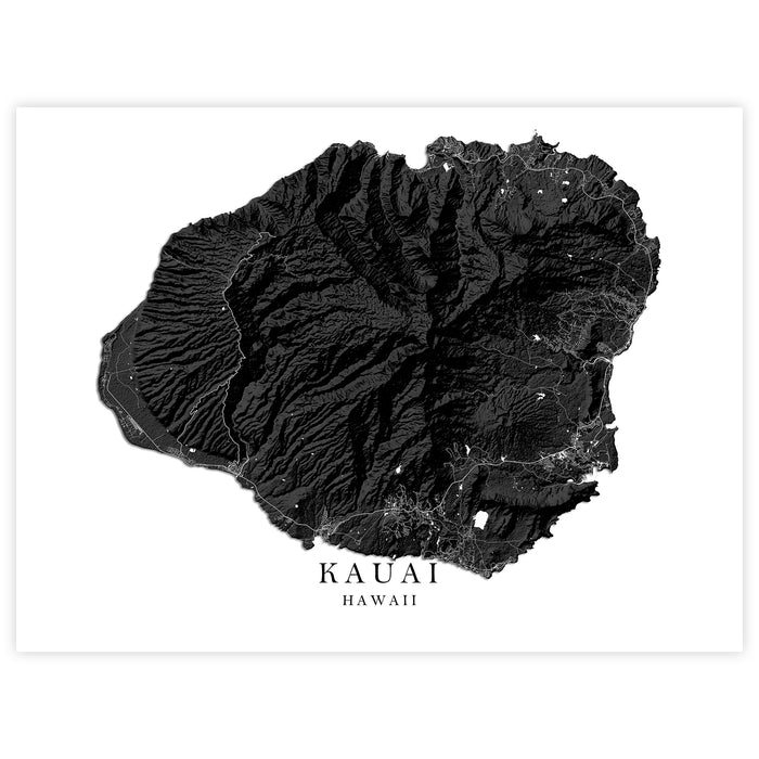 Topographic map of Kauai, Hawaii in black and white.