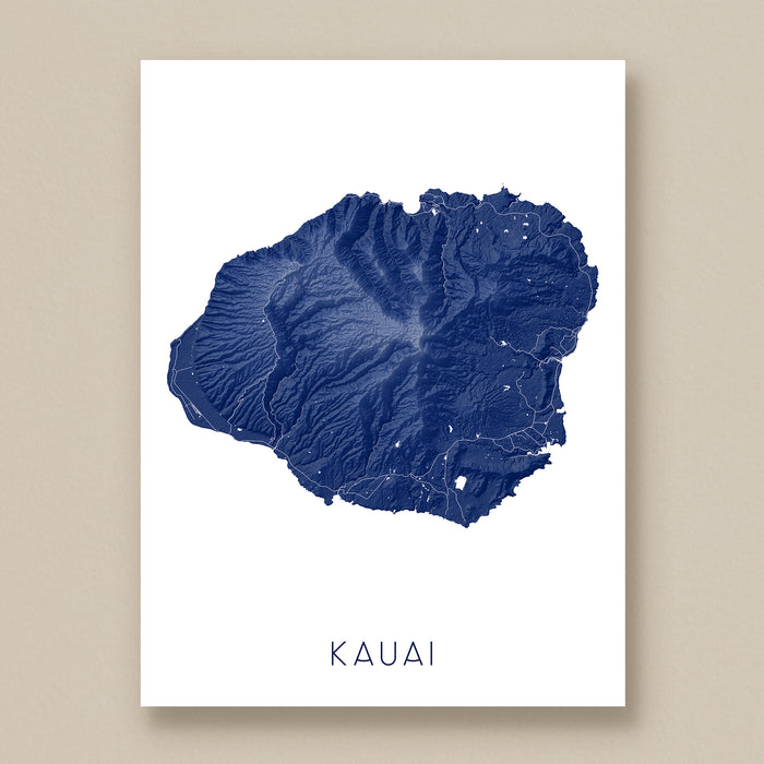 Map of Kauai in blue on a white background