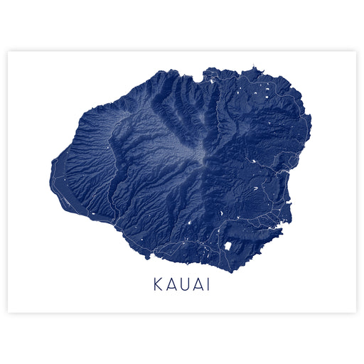 Topographic map of Kauai in navy blue on a white background