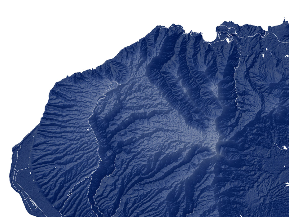 Topographic map of a mountainous region in blue tones.