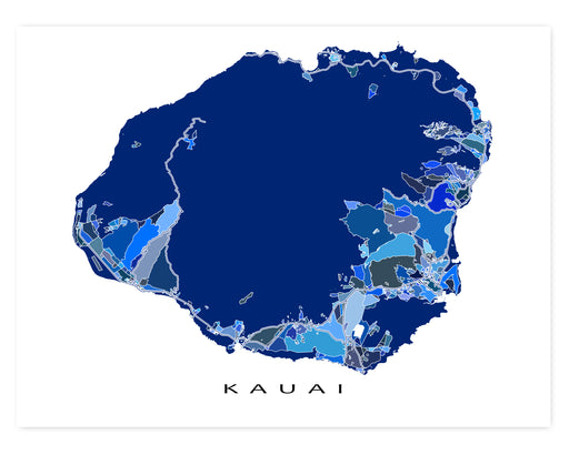 Kauai Hawaii map print in a blue shapes design by Maps As Art.
